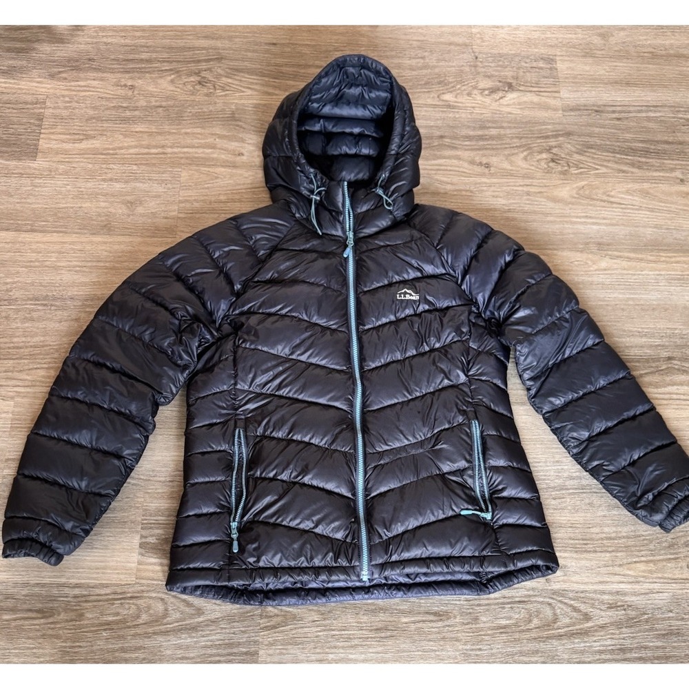 LL Bean Ultralight 850 Down Hooded Jacket Womens Size L Reg Carbon Navy Packable